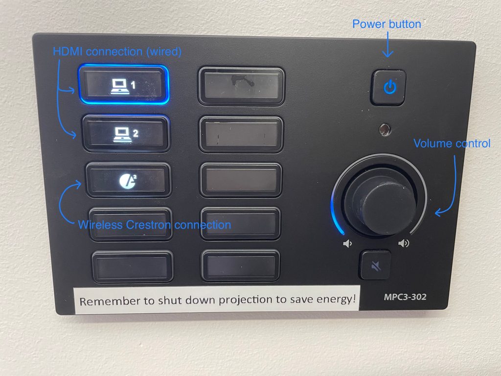 An image of the button control for the Anderson lab projection systems. The top two buttons in the left hand corner control the HDMI (wired) connection. The button immediately below the HDMI buttons is the button for the wireless Crestron projection system. The button in the right corner is the power button. The knob below the power button controls the volume.
