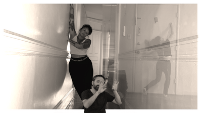 Black and white image. “Telephone” dancers Marielys Burgos Meléndez and Louisa Mann’s images are overlaid as they rest on a hallway wall and door, respectively. Both are reaching one arm up. ASL performer Ian Sanborn’s upper body is shown in the lower middle part of the image, hands resting on an imaginary wall.