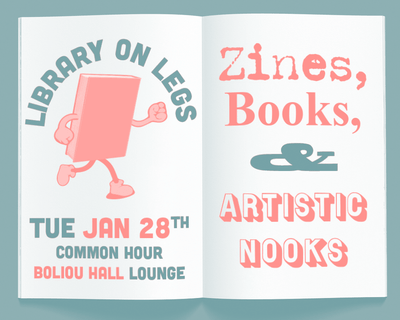 Image of an open book with the title of the event printed on the pages, along with an anthropomorphized book running