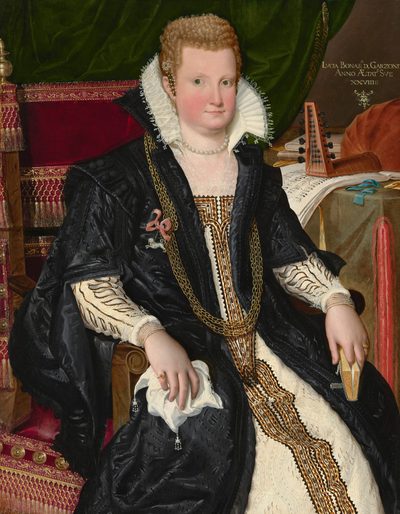 Oil painting featuring a woman seated wearing ornate clothing