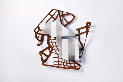 Wall-mounted sculpture of steel and woven, rusted metal twisted into a pentagonal shape.