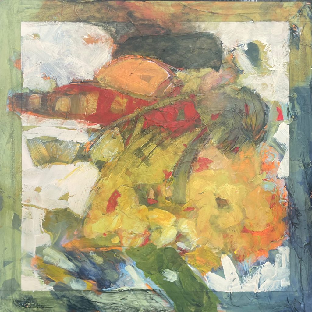 Abstract painting with wide daubs of color.