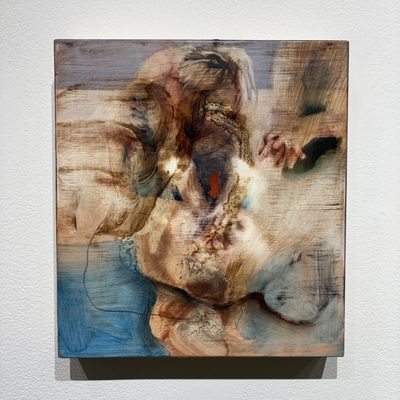 Oil painting with rough gestures of people gathered around an obscured representation of a First Aid dummy