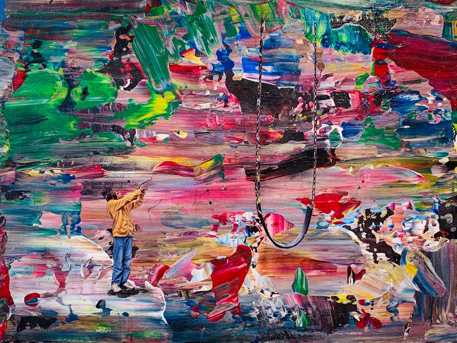 Abstract painting of many colorful streaks, with collage elements on top of a lone swing and a young person aiming a gun to the right