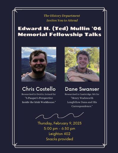 Poster for Mullin Talks Feb 9, 2023, white text over a dark blue background with images of Chris Costello and Dane Swanser