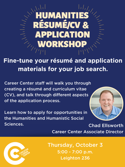 Info poster for a humanities resume/cv and application workshop led by Chad Ellsworth, October 3rd, 2024, 5-7 p.m.