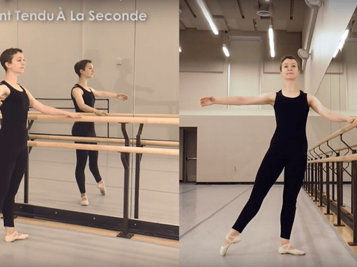 front and side view of woman at ballet barre in second position
