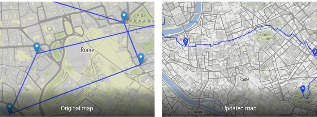 Two maps of Rome with a trail with highlighted points of interest