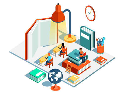 Illustration of students sitting at desks in a room with books, a lamp and clock.