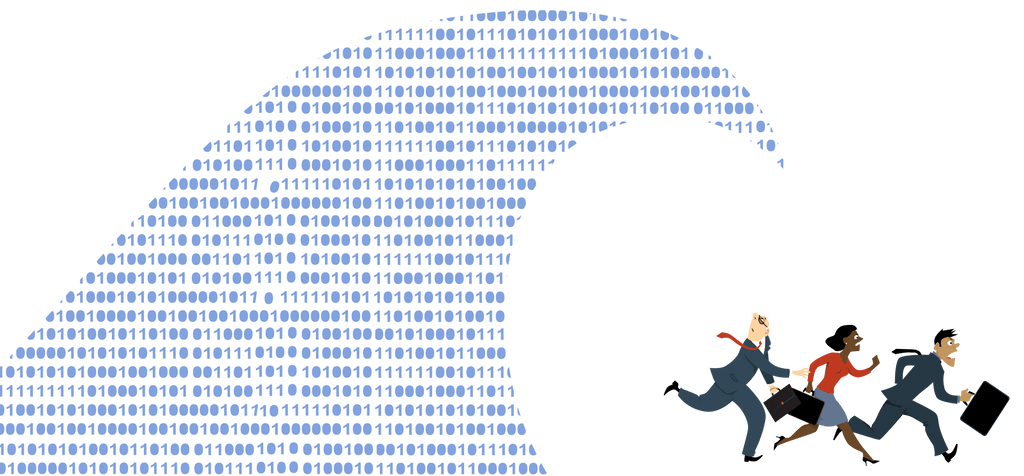 illustration of 3 people running away from a large wave made up of numbers. the wave of numbers represents the proliferation of data.