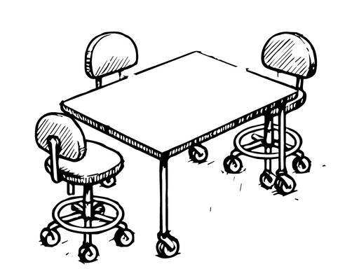 Rough drawing of a table and three chairs, all with wheels.