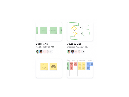 Screenshot of 4 small icons of different Zoom whiteboard examples. One is titled 