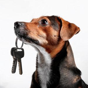 dog holding keys