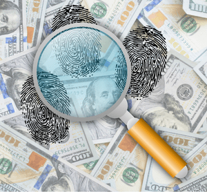 Magnifying glass, fingerprints, money
