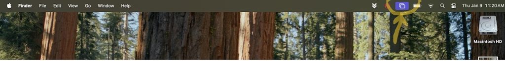 top menu bar of a Mac Sequoia screen, with the blue icon with overlapping rectangles emphasized through a yellow arrow.