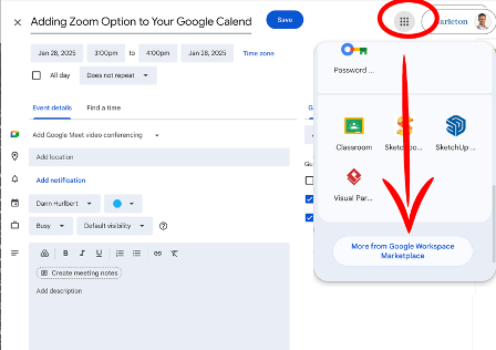 Google choices under the nine dots in top right corner, highlighting the Google Marketplace button.