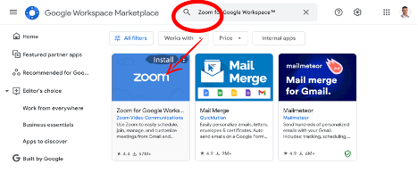 Google Marketplace showing the Zoom plugin logo for installation.