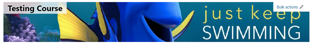 Banner for a course titled 'Testing Course' showing Dory's face from Finding Dory in the center, with the phrase 'just keep swimming' visible. A 'Bulk actions' button is in the top right corner. The left side shows a glimpse of coral.