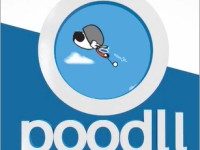 a flying dog with helmet in a circle with the word poodll underneath