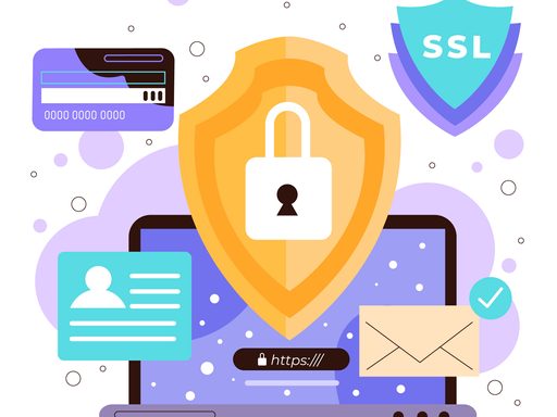 Purple cybersecurity graphic with a laptop, credit card, and lock.