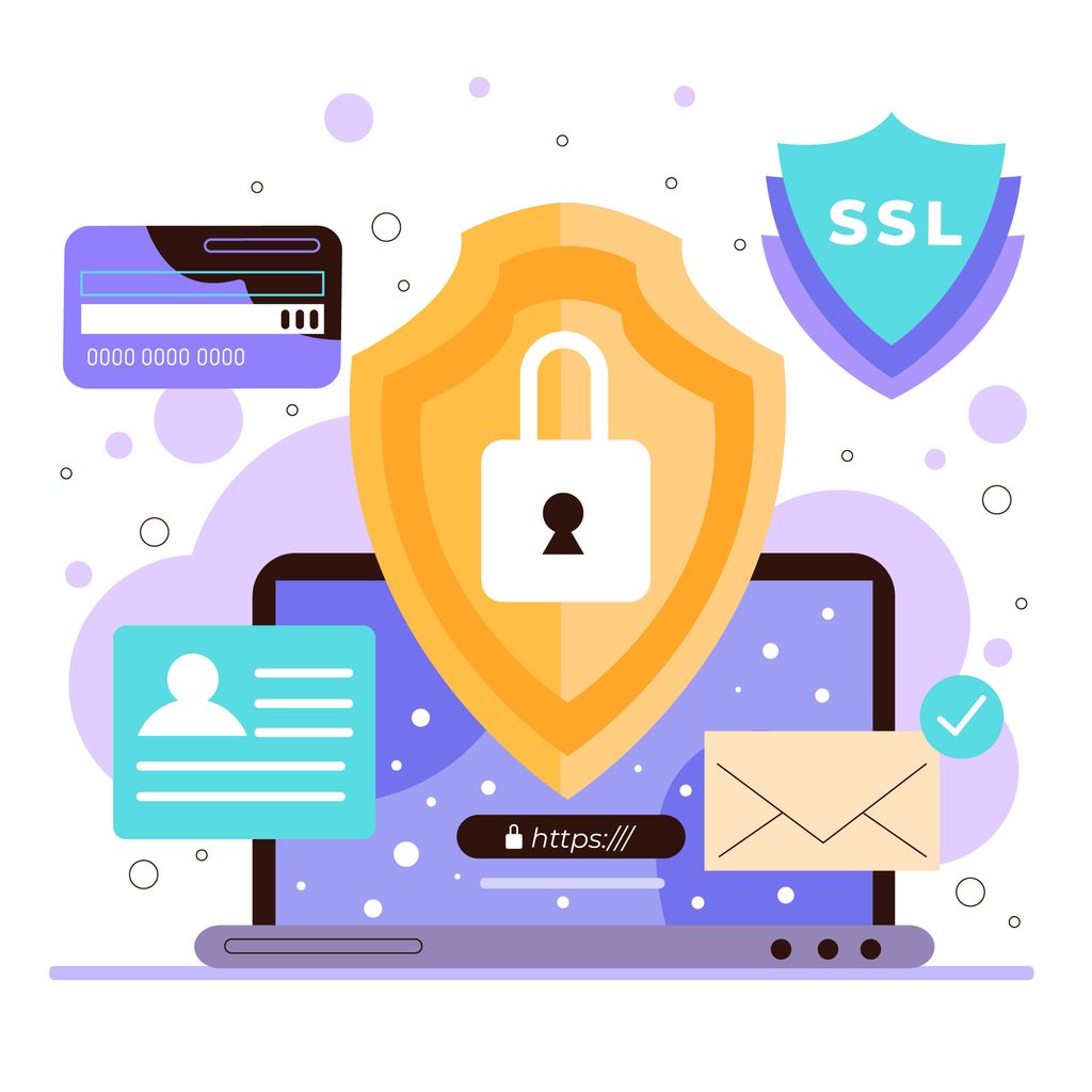 Purple cybersecurity graphic with a laptop, credit card, and lock.