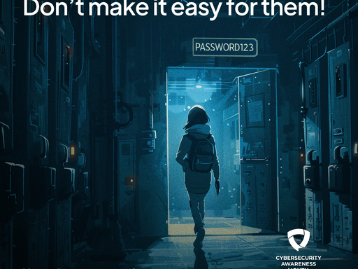 A figure passes through an open door with the password above it password123. The caption reads Hackers don't hack in they log in. Don't make it easy for them.