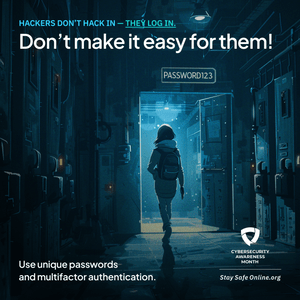A figure passes through an open door with the password above it password123. The caption reads Hackers don't hack in they log in. Don't make it easy for them.