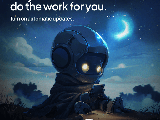 Small robot is looking at a phone or tablet. The caption reads 