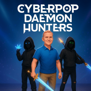 blue background with stage lighting effects. the words cyberpop daemon hunters in white at the top, in the middle is a middle-aged man with blonde hair and blue eyes in a blue polo and khakis holding a glowing sword. He is flanked by two hackers in all black with their own weapons.
