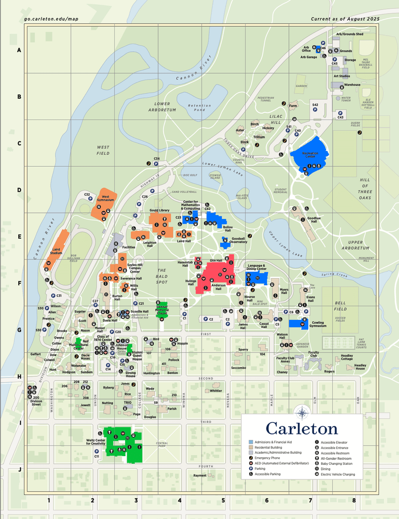 A map of the Carleton College campus that has shaded buildings designating the zone it has been assigned