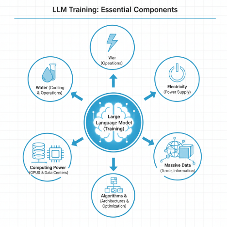 Diagram showing the essential components of large language model training, including massive data, computing power (GPUs and data centers), algorithms and optimization, electricity, water cooling, and operational infrastructure.