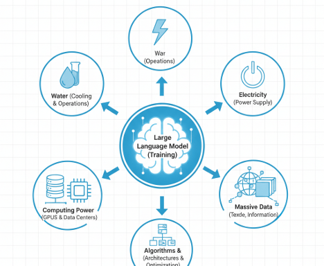 Diagram showing the essential components of large language model training, including massive data, computing power (GPUs and data centers), algorithms and optimization, electricity, water cooling, and operational infrastructure.