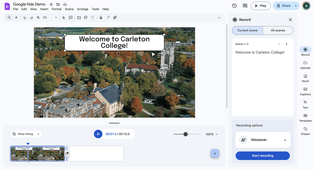Google Vids scene of Welcome to Carleton College  demonstration of features.