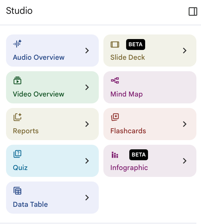 NotebookLM studio tool selection options