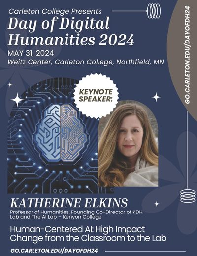 Day of DH poster with headshot of keynote speaker Kathering Elkins