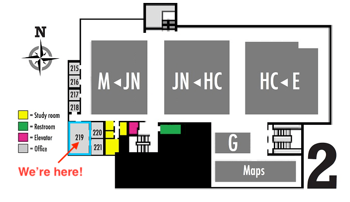 Map of Gould Library 2nd floor, showing the location of the Digital Humanities office