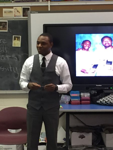 Elizer Darris presents at Patrick Henry School in Minneapolis.