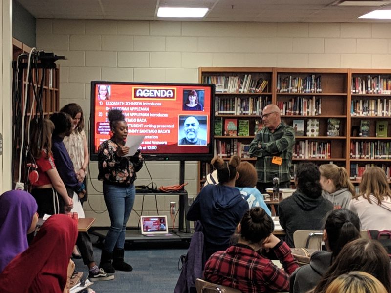 Jimmy Santiago Baca's visit to South High School in Minneapolis. Some students present to their peers.
