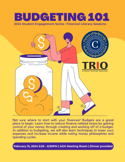 Event Flyer with event summary and place details - image of a person adding coins to a jar