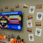 Skulls colored by students and Día de Muertos vocabulary.