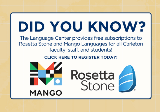 Yellow banner with Mango Languages and Rosetta Stone logos that states 