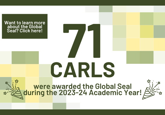 Green and yellow post saying that 54 Carls were awarded the Global Seal of Biliteracy during the 2023-24 AY.