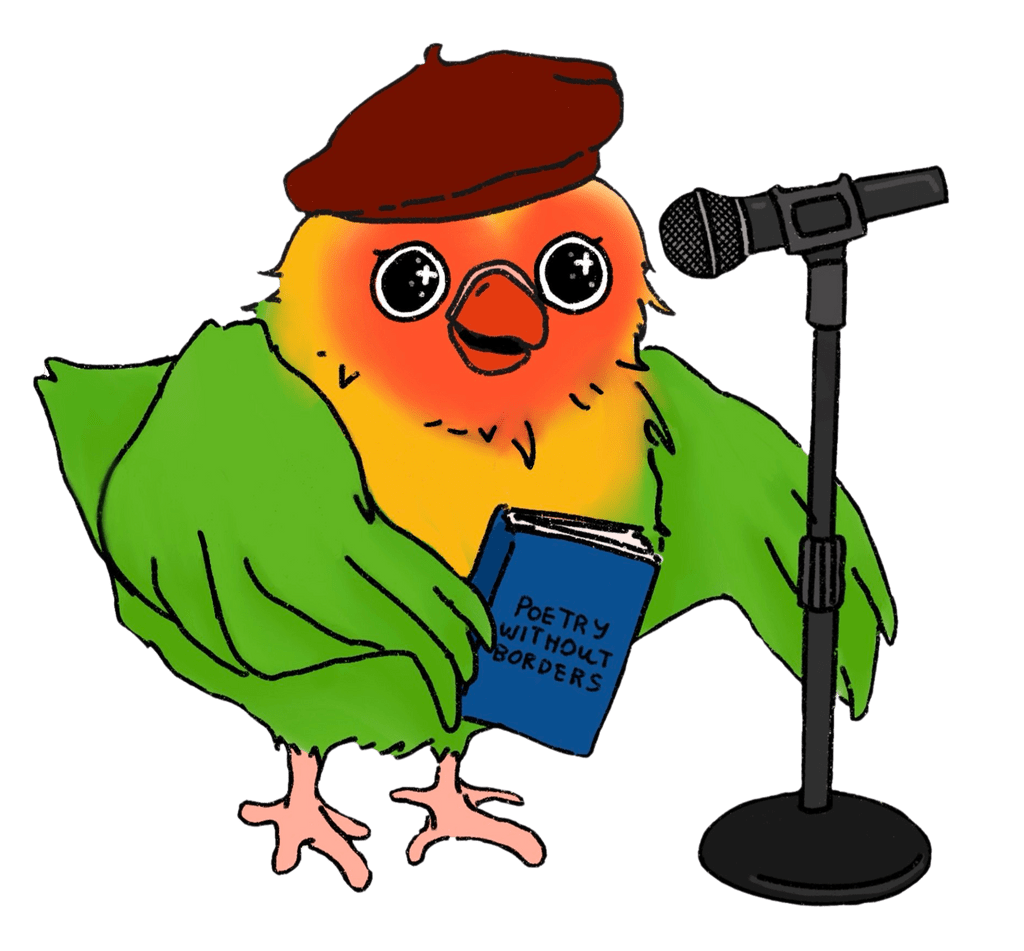 lexi the lovebird performing a poem from a book titled "Poetry without borders"