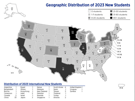 Map of Geographic Distribution of New Carleton Students in 2023