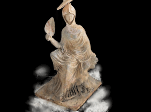 Terracotta figure of seated woman with a fan and hat