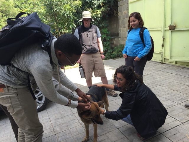 The students enjoy a quick break with a cute dog.