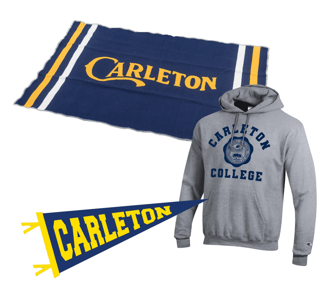 Carleton blanket, pennant, and hooded sweatshirt