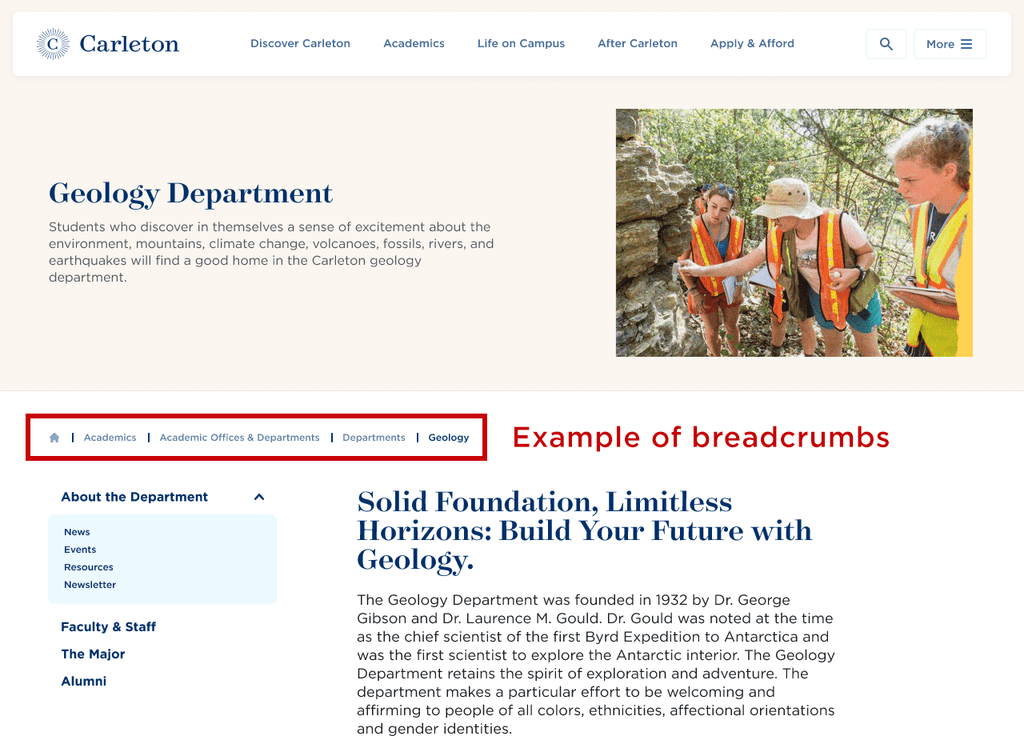 screenshot of new geology site template, showing where breadcrumbs are located