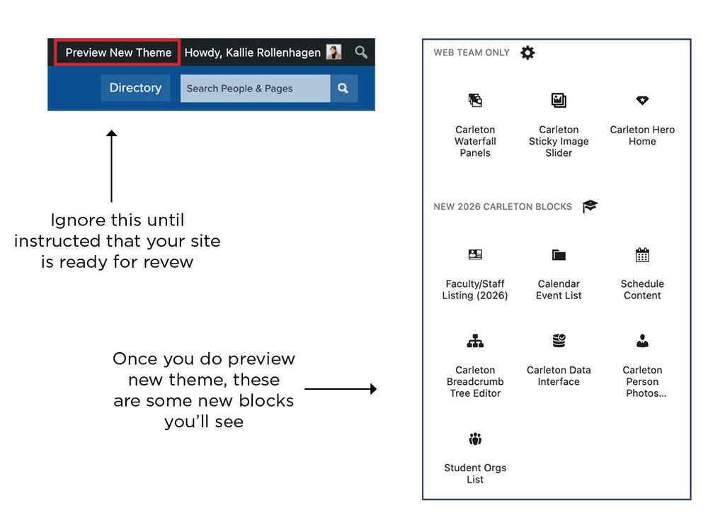 Screenshot showing "preview new theme" button and new blocks.