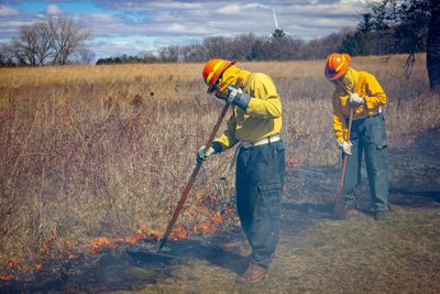 Student workers, campus staff, and volunteers took part in a seasonal burning of the Cowling Arboretum
